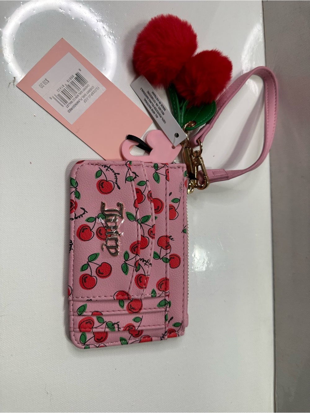 Juicy Couture Pink Cherry Print Card Holder Wristlet with Red Pom Pom Charm